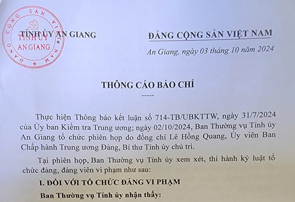 An Giang thi hành kỷ luật nhiều tổ chức đảng và đảng viên vi phạm